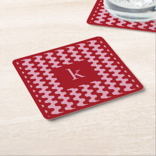 Monogramm Rosa Rot Fettes Wellenmuster Rechteckiger Pappuntersetzer