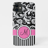 Monogramm, rosa, schwarz, weiß gestreifte Damaskof Case-Mate iPhone Hülle (Rückseite)
