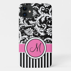 Monogramm, rosa, schwarz, weiß gestreifte Damaskof Case-Mate iPhone Hülle