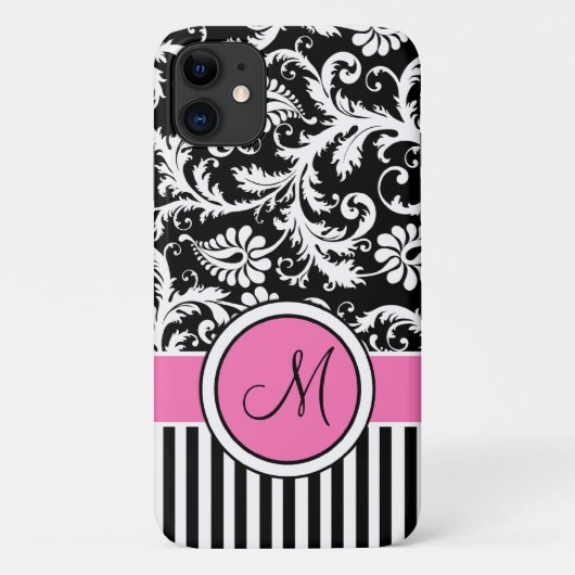 Monogramm, rosa, schwarz, weiß gestreifte Damaskof Case-Mate iPhone Hülle (Rückseite)