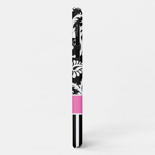 Monogramm, rosa, schwarz, weiß gestreifte Damaskof Case-Mate iPhone Hülle (Hinten/Links)