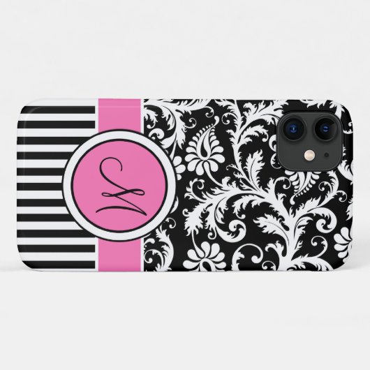 Monogramm, rosa, schwarz, weiß gestreifte Damaskof Case-Mate iPhone Hülle (Rückseite (Horizontal))