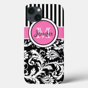 Monogramm, rosa, schwarz, weiß gestreiftes Damasku Case-Mate iPhone Hülle