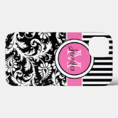 Monogramm, rosa, schwarz, weiß gestreiftes Damasku Case-Mate iPhone Hülle (Rückseite (Horizontal))