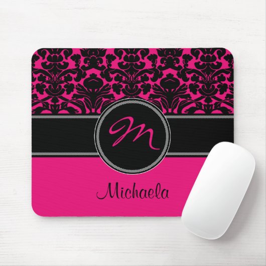 Monogramm-rosa Schwarz-weißer Damast Mousepad (Mit Mouse)