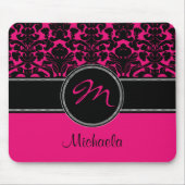 Monogramm-rosa Schwarz-weißer Damast Mousepad (Vorne)