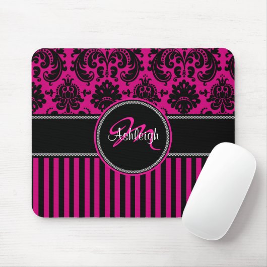 Monogramm-rosa Schwarz-weißer Streifen-Damast Mousepad (Mit Mouse)