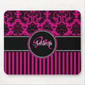 Monogramm-rosa Schwarz-weißer Streifen-Damast Mousepad (Vorne)