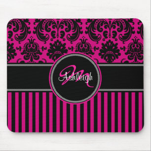 Monogramm-rosa Schwarz-weißer Streifen-Damast Mousepad