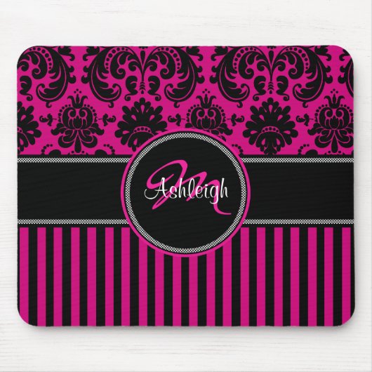 Monogramm-rosa Schwarz-weißer Streifen-Damast Mousepad (Vorne)