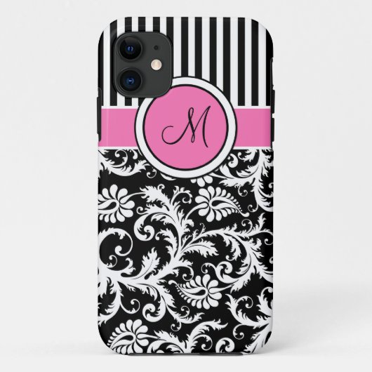 Monogramm-rosa Schwarz-weißes gestreiftes Damast Case-Mate iPhone Hülle (Rückseite)