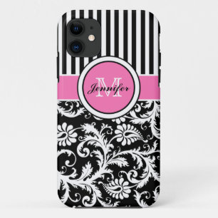 Monogramm-rosa Schwarz-weißes gestreiftes Damast Case-Mate iPhone Hülle
