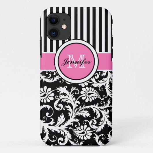 Monogramm-rosa Schwarz-weißes gestreiftes Damast Case-Mate iPhone Hülle (Rückseite)