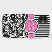 Monogramm-rosa Schwarz-weißes gestreiftes Damast Case-Mate iPhone Hülle (Rückseite (Horizontal))