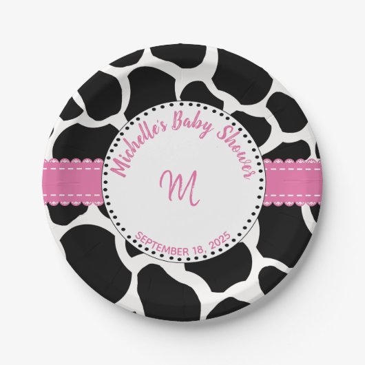 Monogramm Rosa Schwarze Kuh Name Pappteller (Vorderseite)