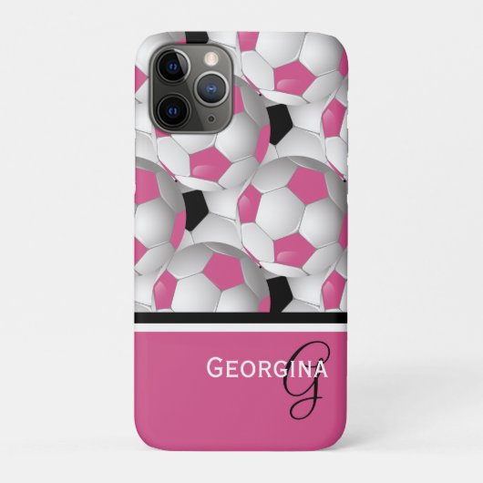 Monogramm rosa Schwarzer Fußball-Kugelmuster Case-Mate iPhone Hülle (Rückseite)