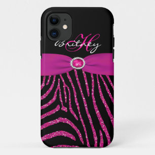 Monogramm-Rosa, schwarzer GlitzerZebra iPhone 5 iPhone 11 Hülle