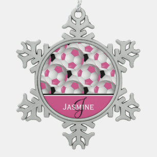 Monogramm-rosa schwarzes Fußball-Muster Schneeflocken Zinn-Ornament