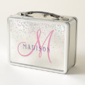 Monogramm Rosa Script Mädchen Silber Perlen Glitte Metall Brotdose (Rückseite)