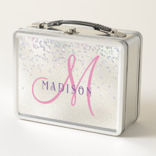 Monogramm Rosa Script Mädchen Silber Perlen Glitte Metall Brotdose
