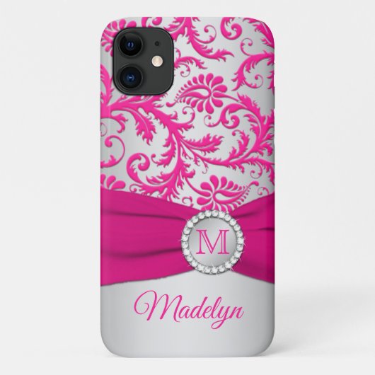 Monogramm Rosa, Silver Damask iPhone 11 Gehäuse Case-Mate iPhone Hülle (Rückseite)