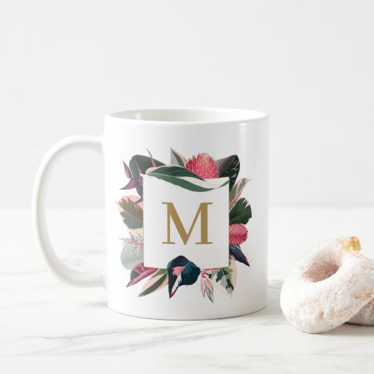 Monogramm rosa tropische, variierte Haushaltspflan Kaffeetasse (Mit Donut)