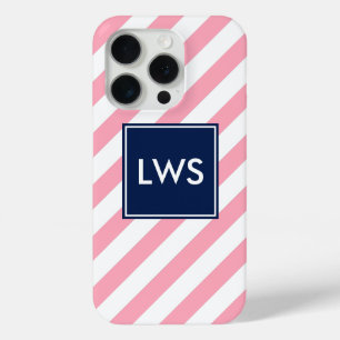 Monogramm rosa und blaue Diagonalstreifen iPhone 15 Pro Hülle