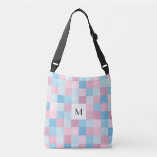 Monogramm-rosa und blaue Quadrat-Querleichensack Tragetaschen Mit Langen Trägern