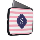 Monogramm Rosa und Blaue Streifen Laptopschutzhülle (Vorne Rechts)