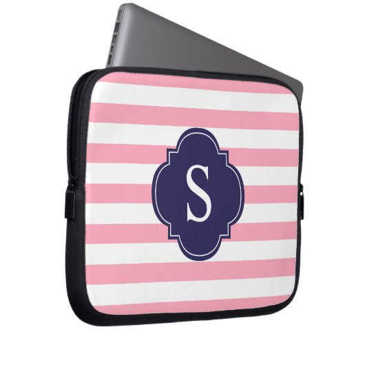 Monogramm Rosa und Blaue Streifen Laptopschutzhülle (Vorne Rechts)