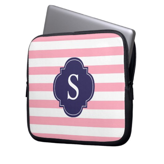 Monogramm Rosa und Blaue Streifen Laptopschutzhülle (Vorderseite Links)