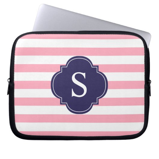 Monogramm Rosa und Blaue Streifen Laptopschutzhülle (Vorderseite)