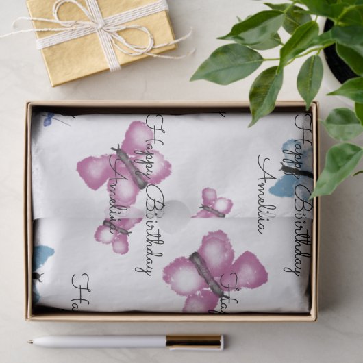 Monogramm Rosa und Blauer Schmetterling Seidenpapier (Geschenk)