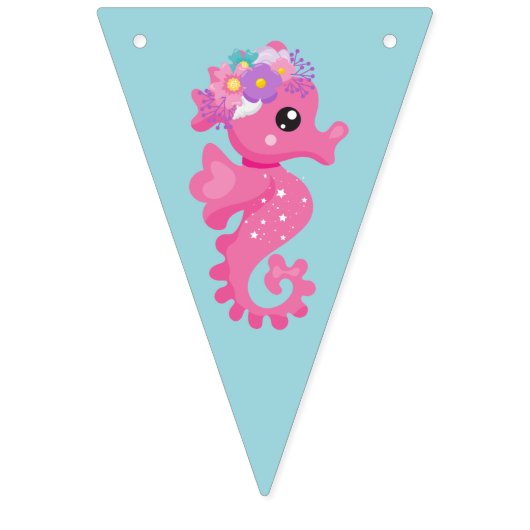 Monogramm rosa und blaues Seepferd unter Wasser Wimpelkette (Dritte Fahne)