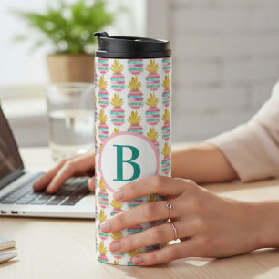Monogramm Rosa und Gold Glitzer Ananas Thermosbecher