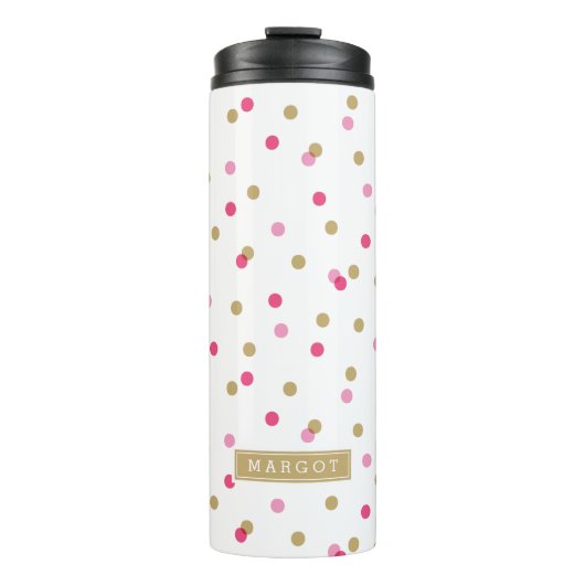 Monogramm rosa und goldene Konfetti-Dots Thermosbecher (Vorderseite)