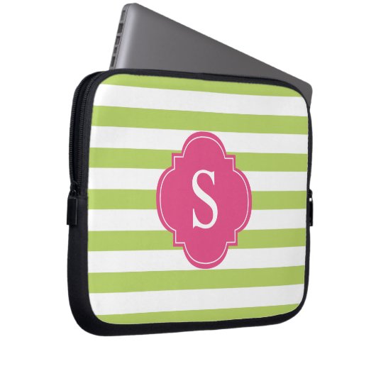 Monogramm Rosa und grüne Streifen Laptopschutzhülle (Vorne Rechts)