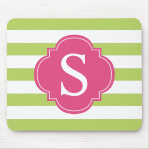 Monogramm Rosa und grüne Streifen Mousepad