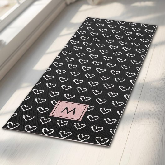 Monogramm-Rosa-und-Schwarz-Herzmuster  Yogamatte