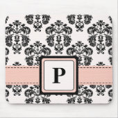 Monogramm-rosa und schwarze Damast-Mausunterlage Mousepad (Vorne)