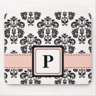 Monogramm-rosa und schwarze Damast-Mausunterlage Mousepad
