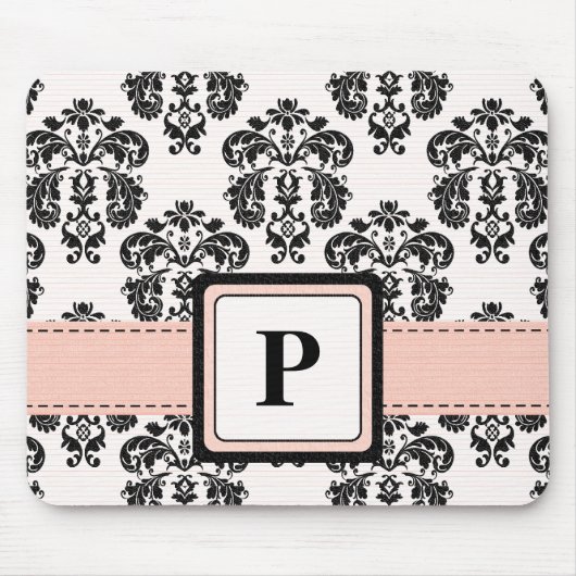 Monogramm-rosa und schwarze Damast-Mausunterlage Mousepad (Vorne)