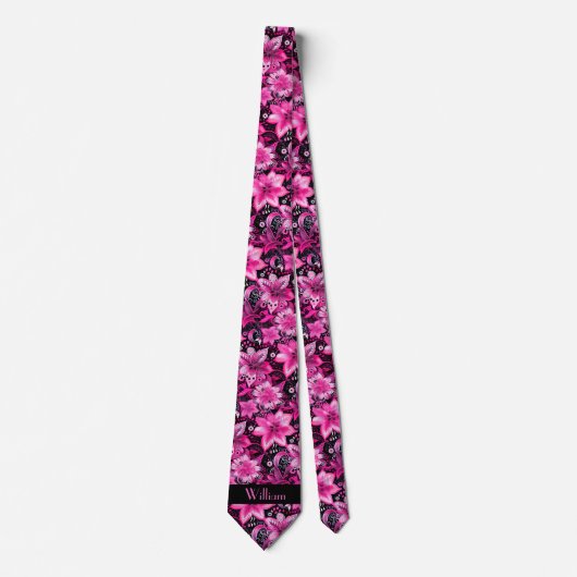 Monogramm Rosa und Schwarze Floral Krawatte (Vorderseite)