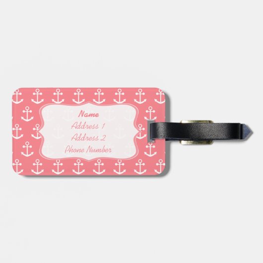 Monogramm Rosa und Weiß Anker Gepäckanhänger (Rückseite horizontal)