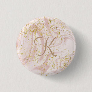 Monogramm Rosa und Weiß Marmor Wirbel Gold Glitter Button