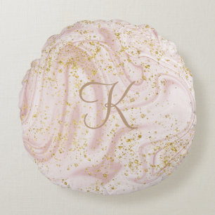 Monogramm Rosa und Weiß Marmor Wirbel Gold Glitter Rundes Kissen
