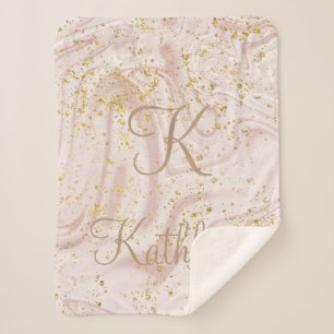 Monogramm Rosa und Weiß Marmor Wirbel Gold Glitter Sherpadecke