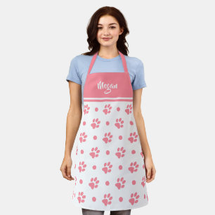 Monogramm, rosa und weiße Pfoten und Polka-Punkte Schürze
