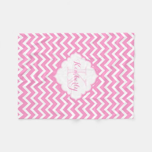 Monogramm Rosa und Weißer Zigzag Zickzack Fleecedecke (Vorderseite (Horizontal))