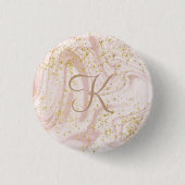 Monogramm Rosa und Weißmarmor Swirl Gold Glitzer Button (Vorderseite)